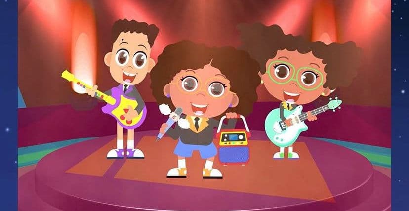 Quem Eu Quero Ser — álbum infantil; ilustração de crianças em palco com instrumentos